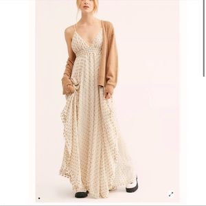 Free People Meredith Metallic Embroidered Smocked Open Back Maxi Dress